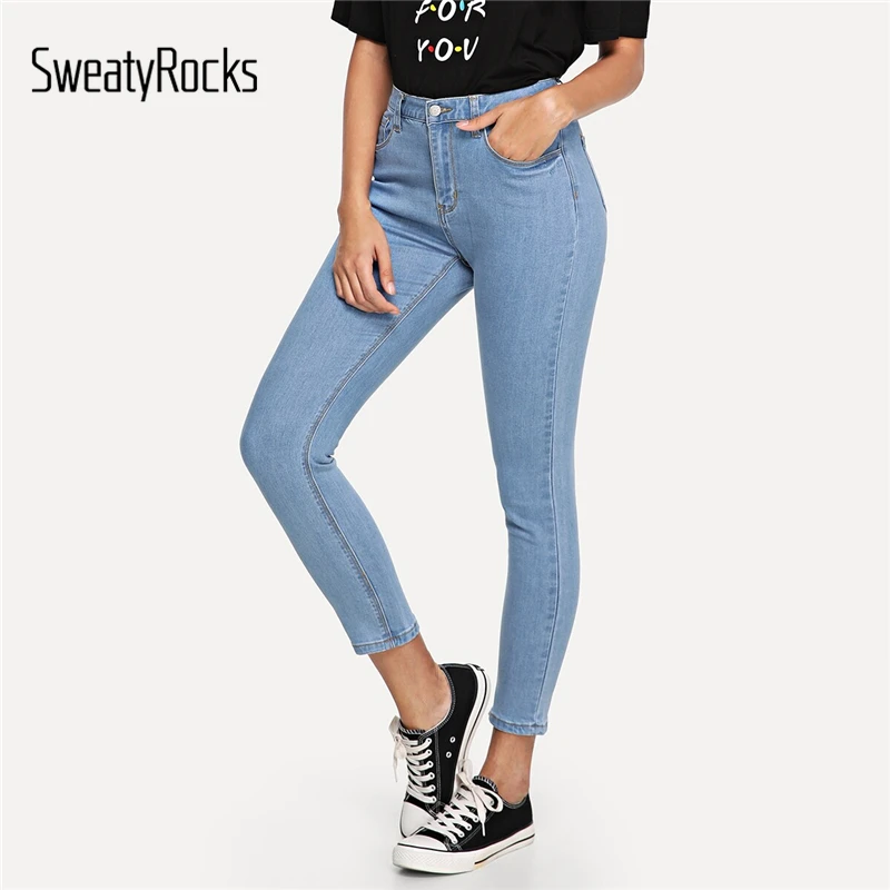SweatyRocks укороченные зауженные Высокая Талия Джинсы женские синие брюки Для женщин Повседневное джинсовые брюки, Капри новые модные женские джинсы