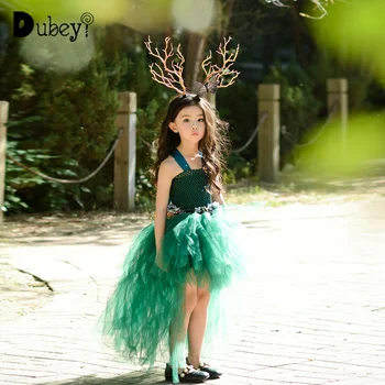 

Forest Stylish Kids Knitted Tutu Dress Green Princess Mermaid Dress+ Deer Headband 3pcs Clothing Set Photography Show Dress