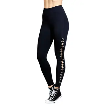 

Women Fashion 2018 Casual Leggings White Black Trousers Women Workout Mid Waist Eyelet Strap Pants Fitness Elastic Leggings H8