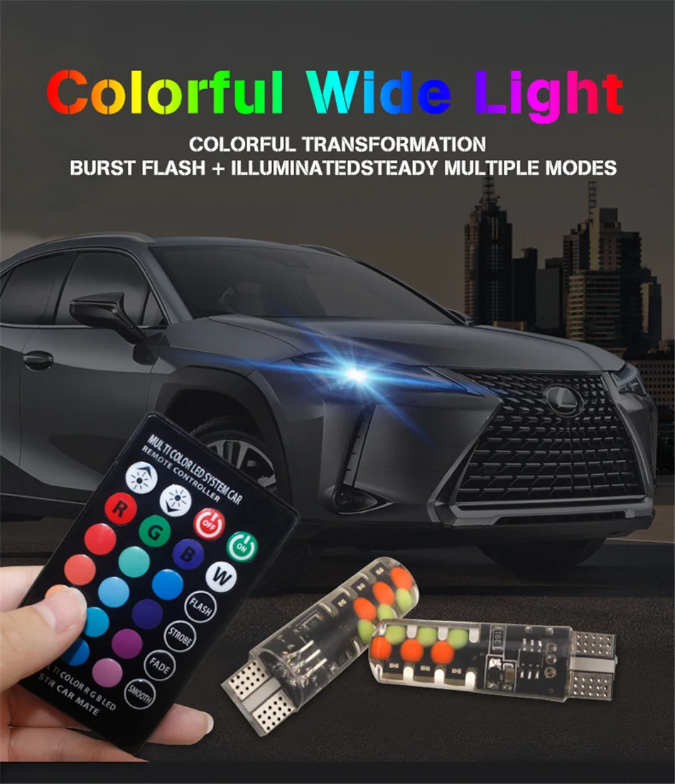 

DXZ Led W5W T10 RGB Clearance light New Universal Car RGB COB 12SMDs Colorful Multi Mode Car Light Bulbs With Remote Controller