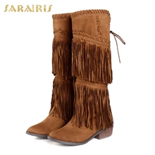 SARAIRIS/ не сужающийся к низу каблук бахрома обувь женщина застежка-молния, на шнуровке сапоги до колена Женская обувь Большой Размеры; большие размеры 33-43, женские зимние сапоги