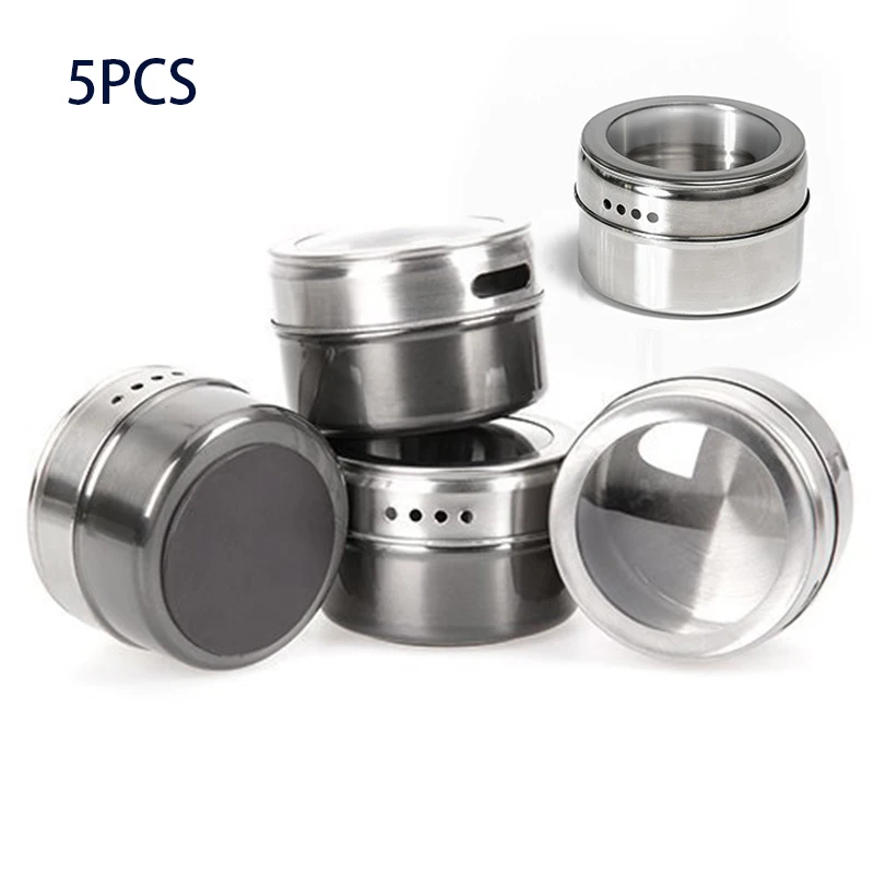 

2018 New Spice Tins Stainless Steel 5PCS Storage Container Jars With Clear Lid