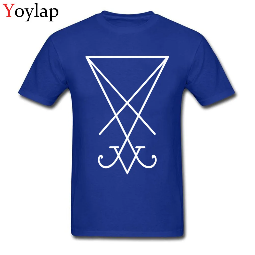 All Cotton Men Short Sleeve Tops Tees Sigil of Lucifer - White Printed Summer Autumn T Shirts Design Fitted Crew Neck Tee-Shirts blue