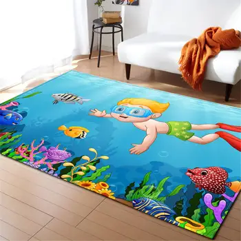 

3D Ocean Fishes Rug Carpet Children Room Decor Mat Anti-slip Soft Bedroom Living Room Cartoon Shark Baby Crawling Carpets