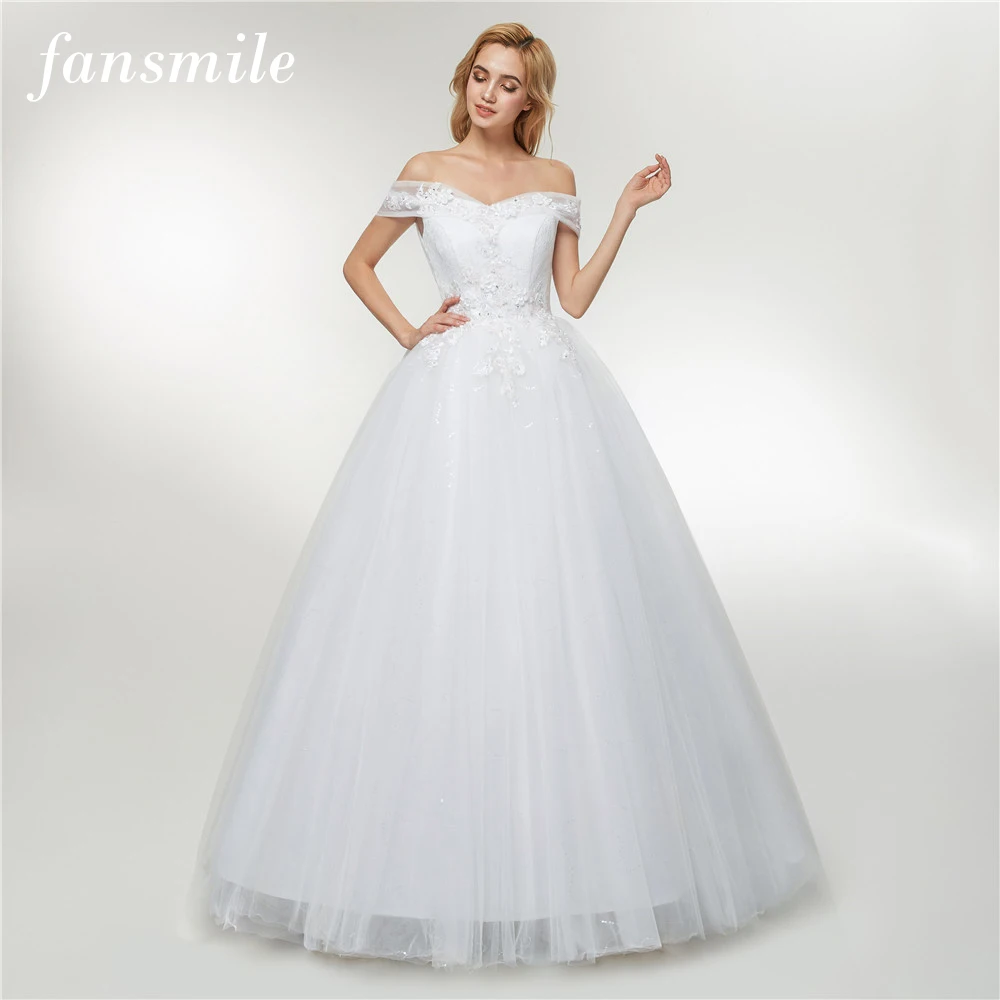 

Fansmile 2019 Tulle Mariage Vestido De Noiva Lace Ball Gowns Wedding Dress Appliques Plus Size Bridal Free Shipping FSM-423F