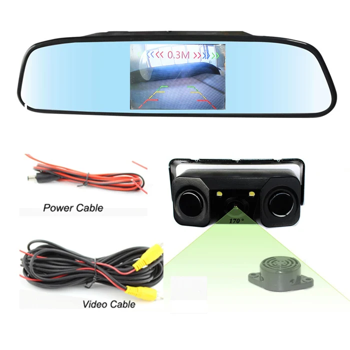 

3in1 Video Parking Assistance Sensor Backup Radar With Rear View Camera + 4.3 inch LCD Car Rearview Mirror Monitor Video Parking