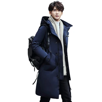

Winter Thick White Duck Down Jacket Men Long Knee Length Youth Thick Coat New Solid Color Hooded Tide Outerwear Parkas MZ1299