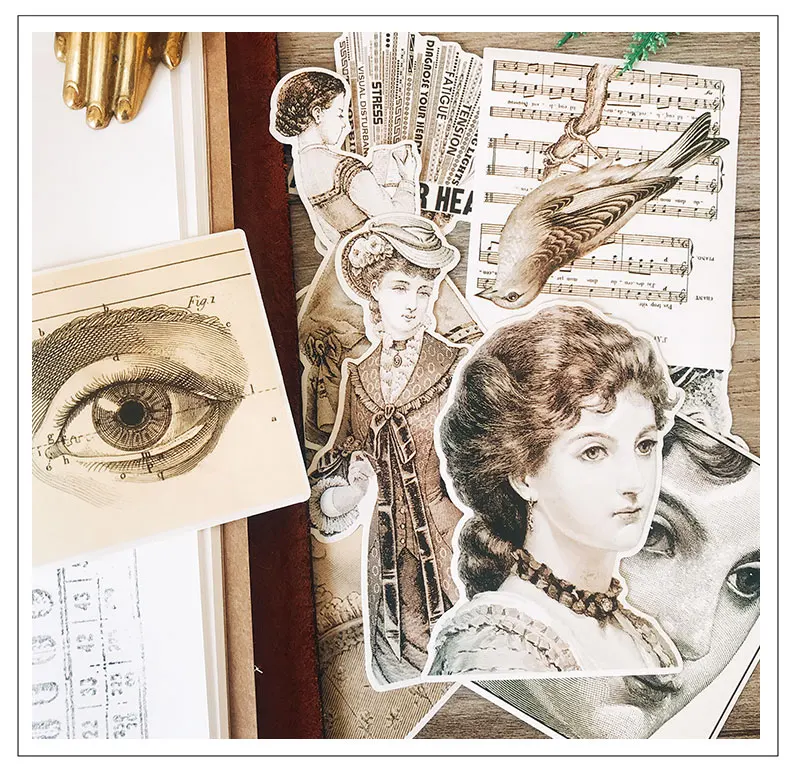 

9 PCS European American Retro Noble Ladies Black And White Music Score Bird Vintage Characters Diy Ablum Diary Label Sticker