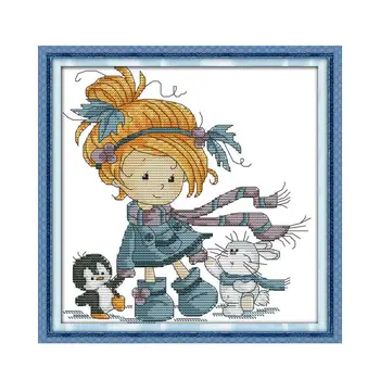 

The Little Girl and Friends Joy Sunday Cross Stitch Kits Cartoon Pattern 11 14CT Ptinted on Canvas Funny Cross Stitch Home Decor
