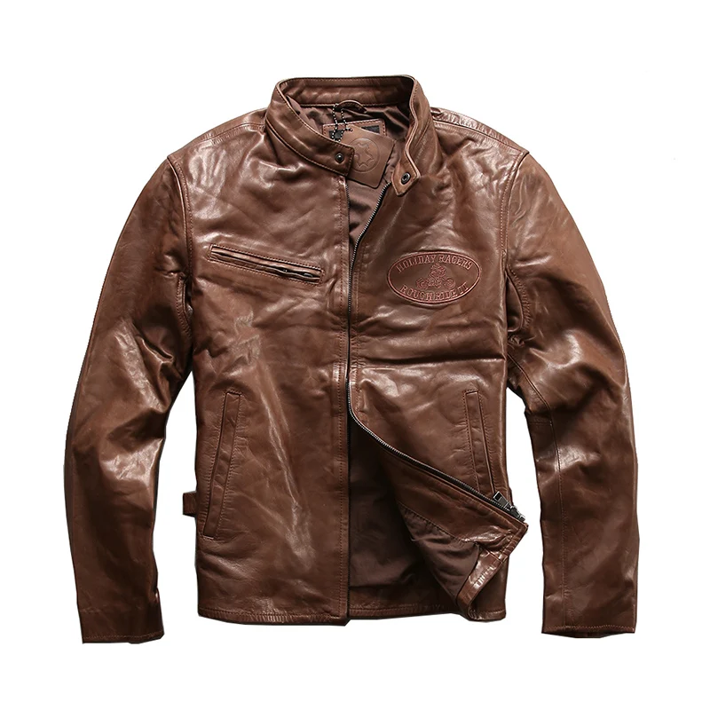 Promotion Read Description! men's cow leather jacket mens genuine cowhide leather vintage embroidery jacket M6236