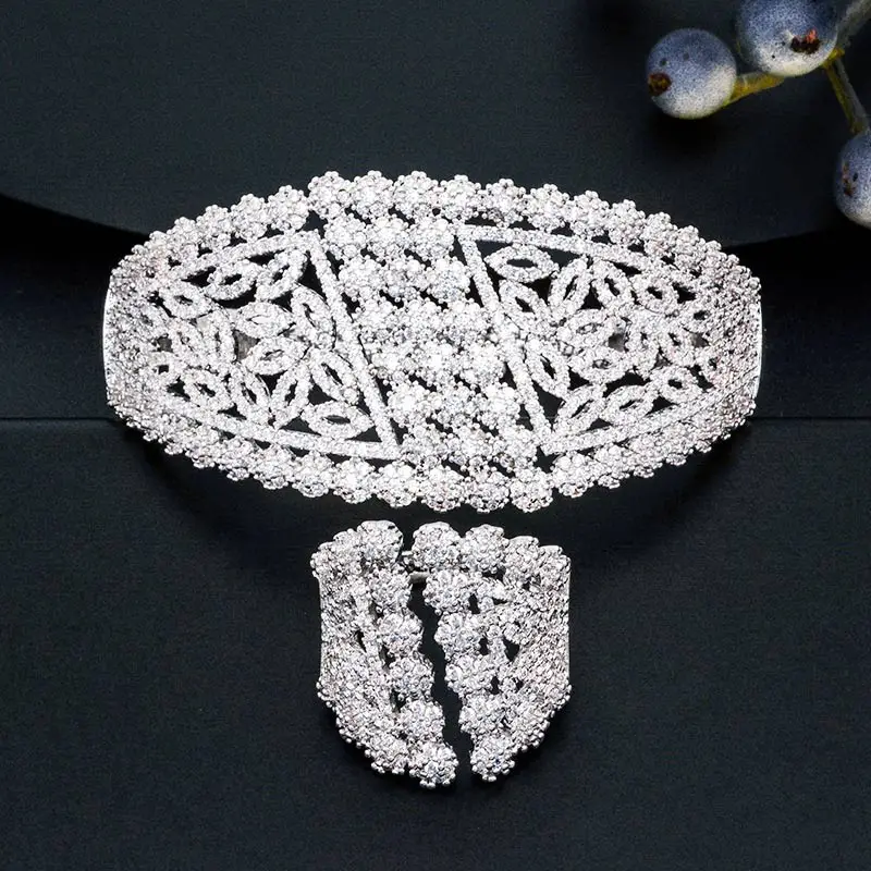 

ModemAngel Delicate Flowers Luxury Cubic Zirconia Copper Dubai Wedding Bridal Bracelet Bangles And Ring Copper Set For Women