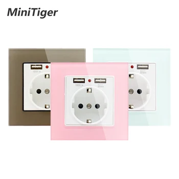 

Minitiger Green Pink Colorful Crystal Glass Panel Dual USB Charging Port 2.1A 16A Russia Spain Wall Socket EU Power Outlet