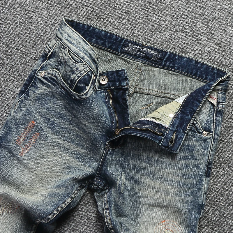 Italian Fashion Men Jeans Retro Wash Embroidery Classical Denim Pants Streetwear Hip Hop Jeans homme 98% Cotton Ripped Jeans Men
