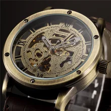 SHENHUA Bronze Automatic Skeleton Mechanical Watch Men 2017 Steampunk Retro Leather Analog Men’s Wrist Watches Relogio Masculino