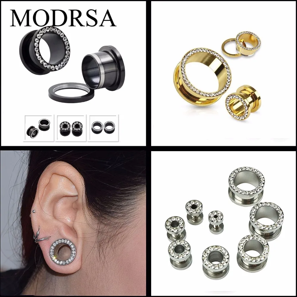 MODRSA 1Pair Rhinestone Ear Tunnels Plugs Black Stainless Steel Earring