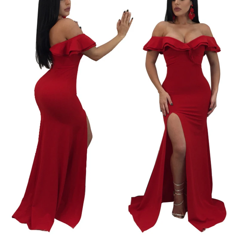 

Dress Women Red Sexy Off Shoulder 2018 Rose Applique Ruffle Elegant Bodycon Maxi Dress vestidos Cascading Ruffle Party Dresses