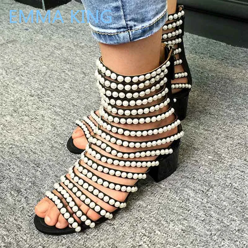 

2019 Runway Vintage Pearls Studs Women Gladiator Sandals Open Toe Hollow Sexy Chunky Heels Shoes Woman Summer High Heels Sandals