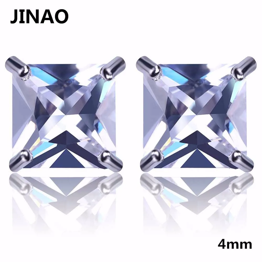 

JINAO Hip Hop Rock Jewelry Earrings Silver Color Micro Pave 4mm Big CZ Stone Lab D Stud Earrings With Screw Back For Male Female