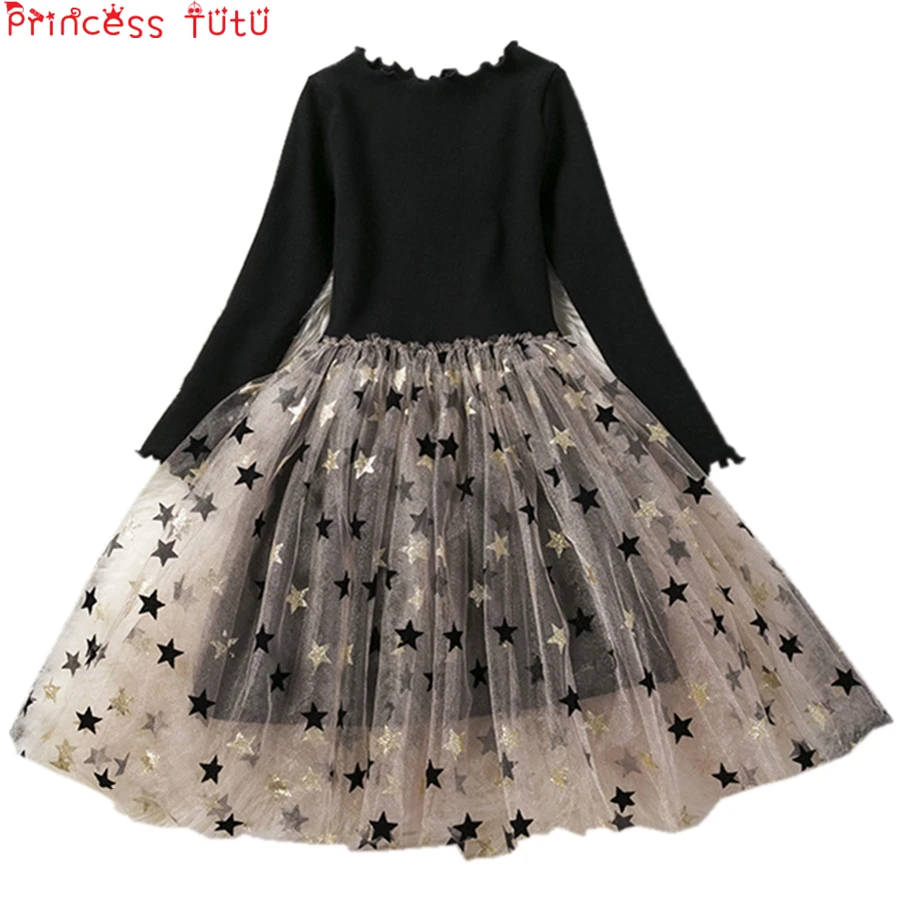 

Black Spring Autumn Winter long-sleeved Custom Model Sequins Star Fluffy Dress Black Girl Casual Clothing With Dot Party Wear