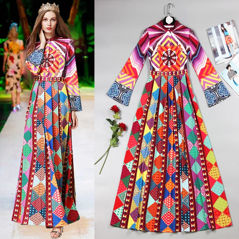 

S-3XL High-Quality 2019 Spring New Brand New Stitching Printing Loose Long-Sleeved High Waist Slim Temperament Holiday Dress