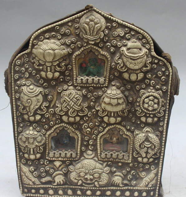 

JP S62 10" Old Tibet Copper Silk 8 Auspicious Symbol Buddha Green Tara Ghau Shrine Box