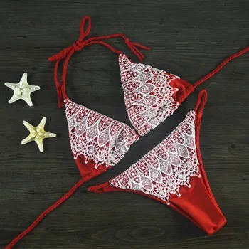 

Push Up Swimwear Bathing Suit Beachwear Biquini Swimsuit Bikini Set New Brazilian Sexy Patchwork Lace Red Black Women Low Waist