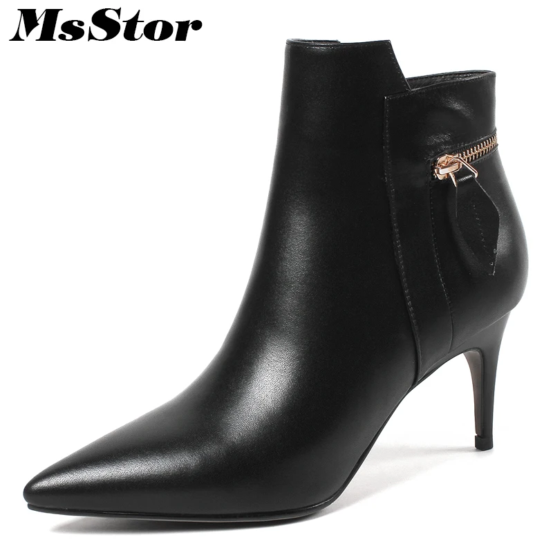 

MsStor Genuine Leather Stiletto heel Women Boots Fashion Metal Zipper Ankle Boots Women Shoes Elegant Black Boots Shoes Woman