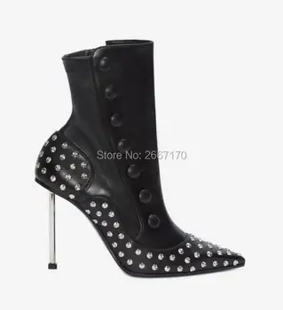 

2019 Fashion Women Patchwork Boots Rivets Studs Metal High Heels Pointed Toe Zip Shoes Ankle Boots Runway for Spring Autumn