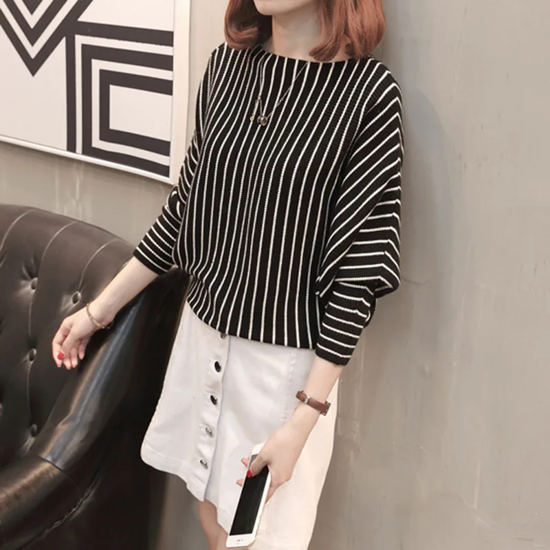 2018 Autumn Sweater Women Pullover Knitted Striped Batwing Fashion Loose Pullovers Knitwear Black Ladies Fall Sweaters Ladies