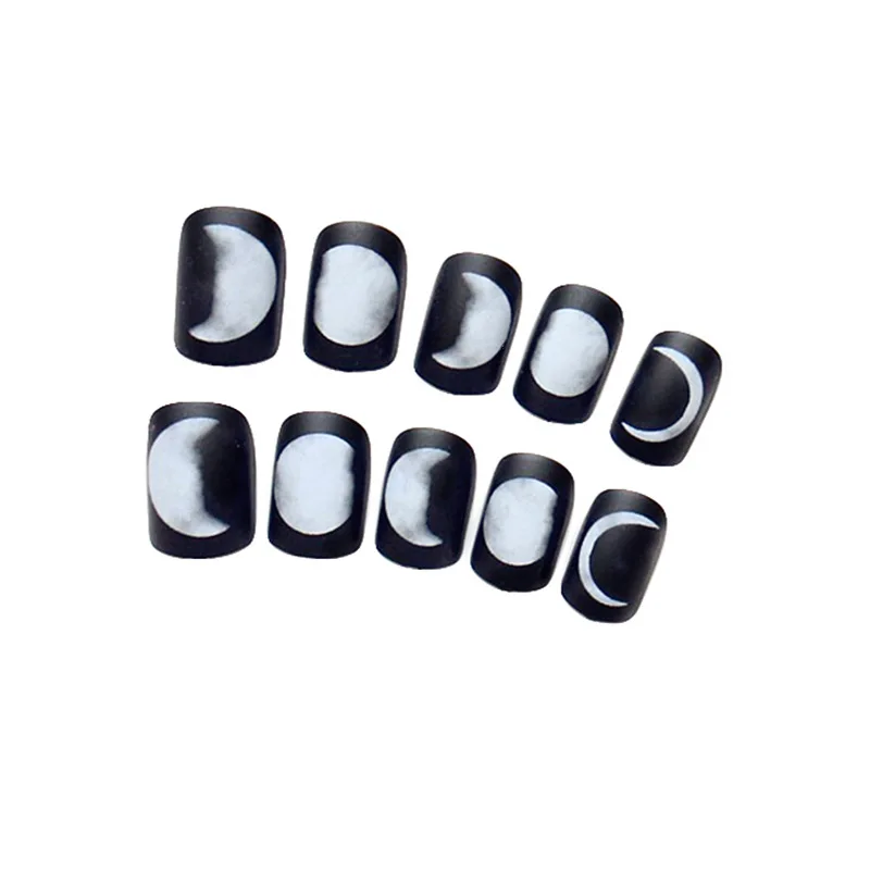 24Pcs Short Fake Nails Black Moon Lunar Eclipse Square Artificial Nail
