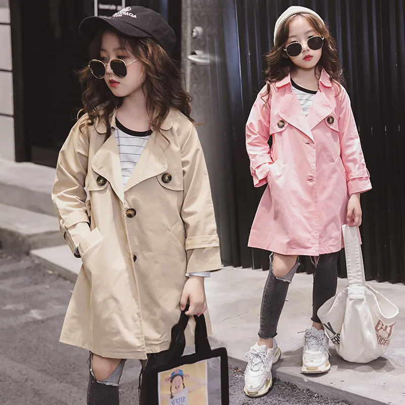 

2019 Spring Children Girls Jacket 8 10 12 14 to 16 Years Button Long Sleeve Solid Khaki Jacket Kids Fashion Clothes Tops 5M29A