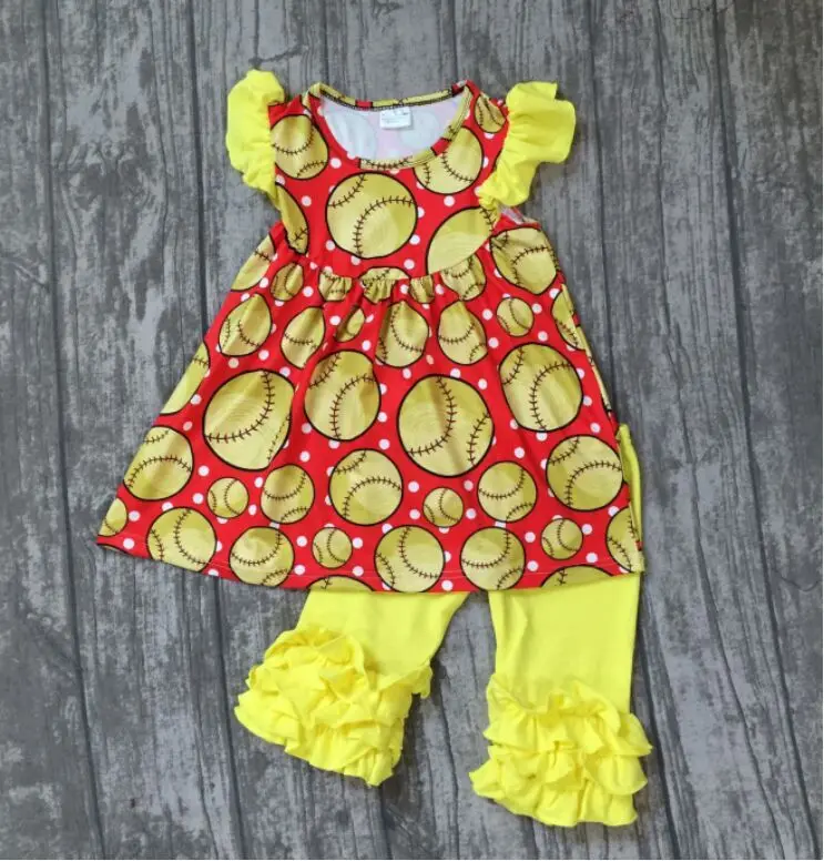 

2018 Summer boutique clothing hot sell baseball outfit girl kids yellow icing capri baseball sleeveless top 2t to 7t available