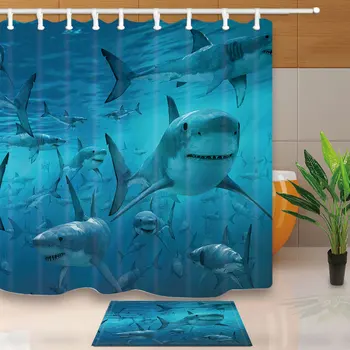 

Blue Shower Curtains Under the sea Shark Bathroom Curtains Simple Style Polyester Fabric Waterproof Mildew Proof With 12 Hooks
