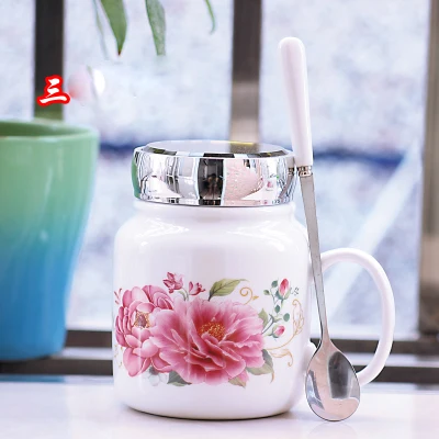 С изображением героев из мультфильмов, 1 штука, цветочная керамическая 550 мл Кофе чашка для молока, чая чашки с Ложка Крышка - Цвет: flower C