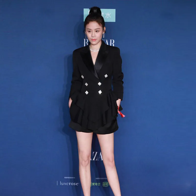 

Spring 2019 Exterior Star with Ruffled Black Suit Temperament Suit Button Notched Double Breasted Print Women Jackets and Coats