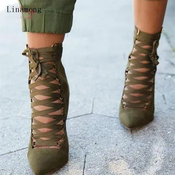 

New Fashion Women Suede Ankle Zipped Boots Gladiator Pointed Toe Pumps Women Lace-up High Heel Short Boots