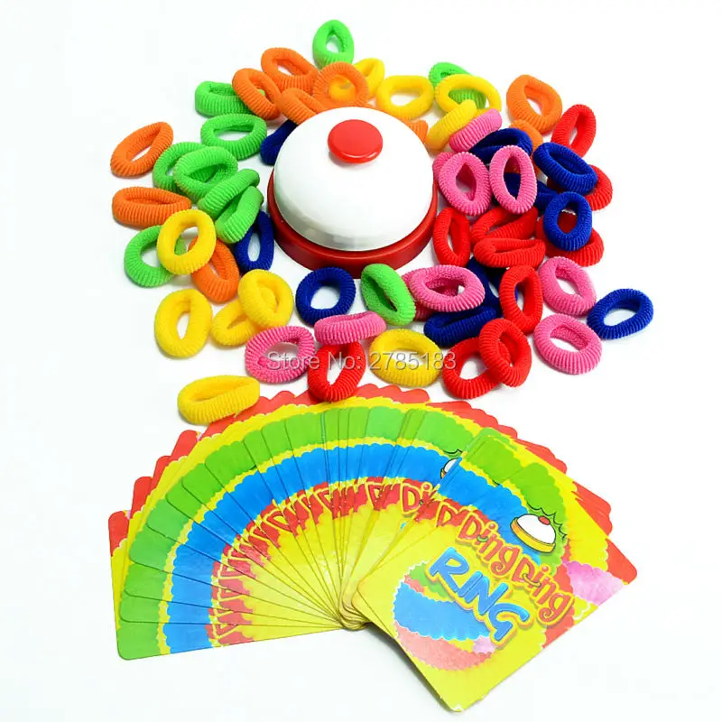 Ring Ding Toy Family Party Games Great Practical Gadgets Funny Challenge Bell with 24 pcs picture cards 60 pcs Hair Rings