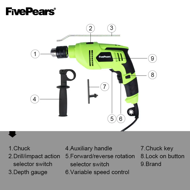 FIVEPEARS 220V 2300rpm Adjustable Variable Speed Electric Impact Drill Electric Hammer Woodworking Power Tool FIVEPEARS 220V 2300rpm Adjustable Variable Speed Electric Impact Drill Electric Hammer Woodworking Power Tool