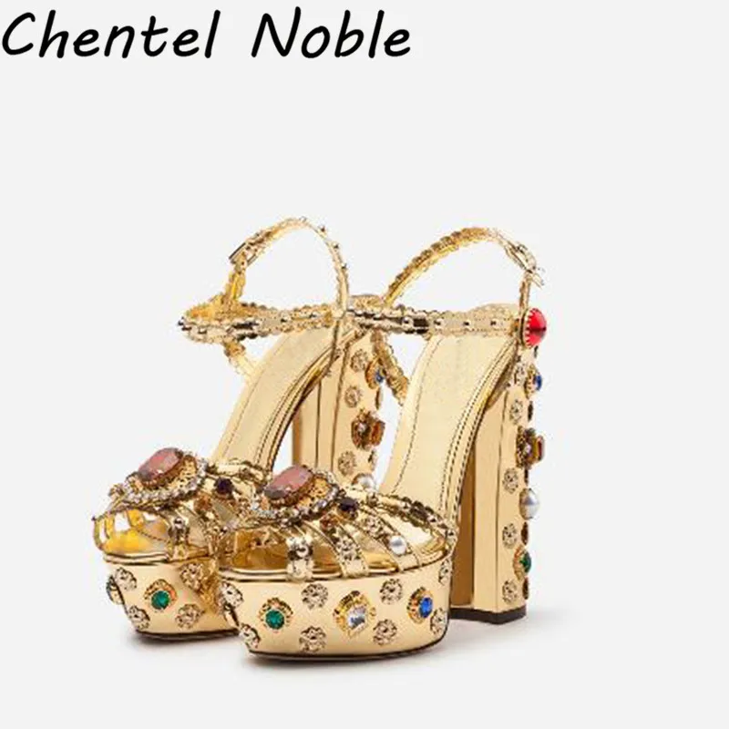 

Mode Italienne Gold Color High Heel Gemstone Big Buckle Woman Sandals Shoes Derss Colorful Diamond Shoes For Ladies 35-42 Size