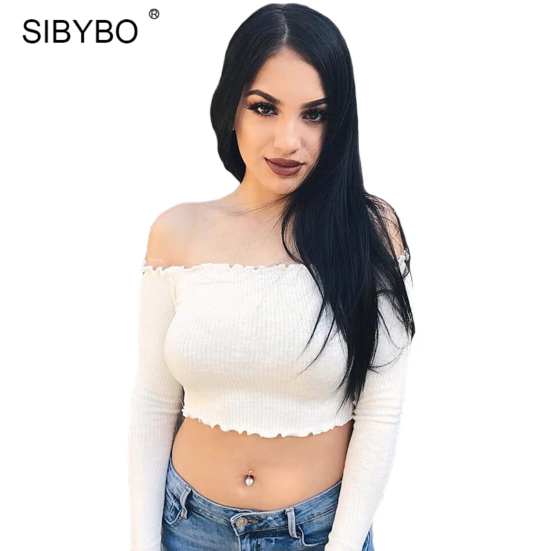

Sibybo Off Shoulder Knitted Short Tshirt Women Autumn White Long Sleeve Women T-shirt Cotton Elegant Summer Sexy Crop Top Women