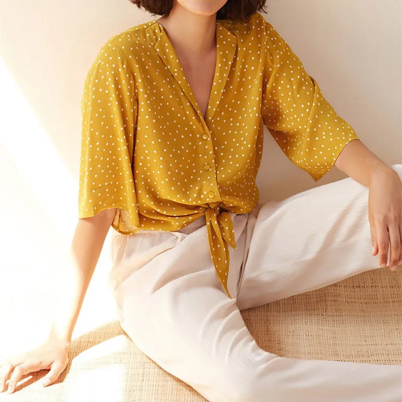 Women Yellow Dot Print Blouse Top New Half Sleeve Waist Tie Bow Sweet Fresh Shirt