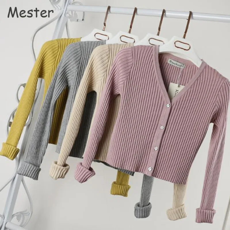 Women Slim V Neck Knitted Cardigan Long Sleeve Cropped Cardigan Sweaters Ladies Solid Shrugs for Women Short Cardigans Candy