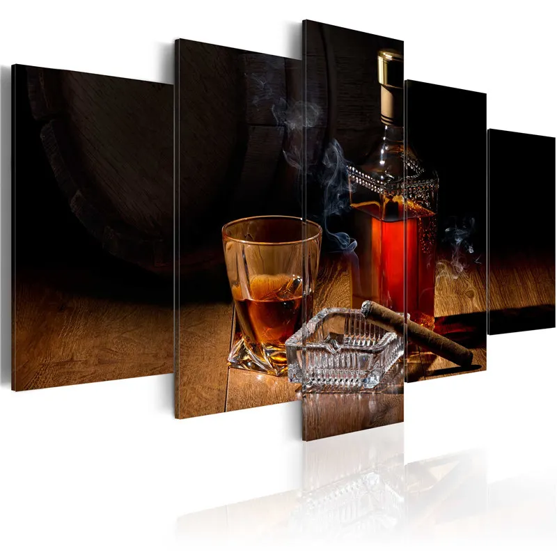 

5 Pieces Modern Abstract Canvas Print Cigars Painting Wine Posters and Prints Glasses Wall Art Modular Pictures for Bar Decor