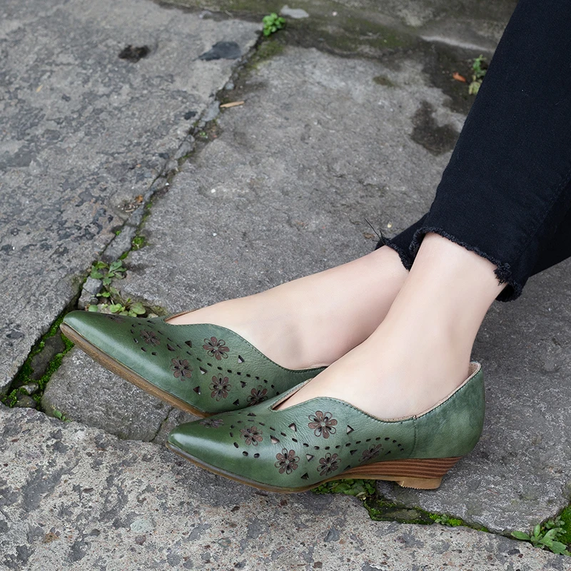 

JELLYFOND Handmade Shoes Genuine Leather Pumps Women Low Heels Pointed Toe Shoes 2019 Vintage Hollow Out Cow Leather Shoes Woman