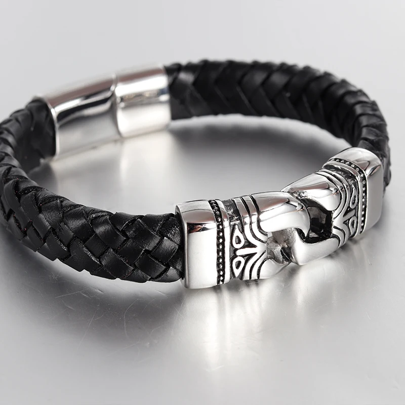 Модный мужской браслет, черный винтажный кожаный браслет из нержавеющей стали, браслеты с магнитными застежками, мужские популярные ювелирные изделия в этническом стиле