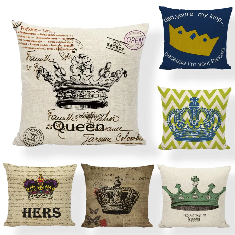 cheap Retro Pillowcase San Valentin Gift Crown Vintage King Queen Cushion Cover Diamond Geometry 43*43cm Home Sofa Car Couch Decorate