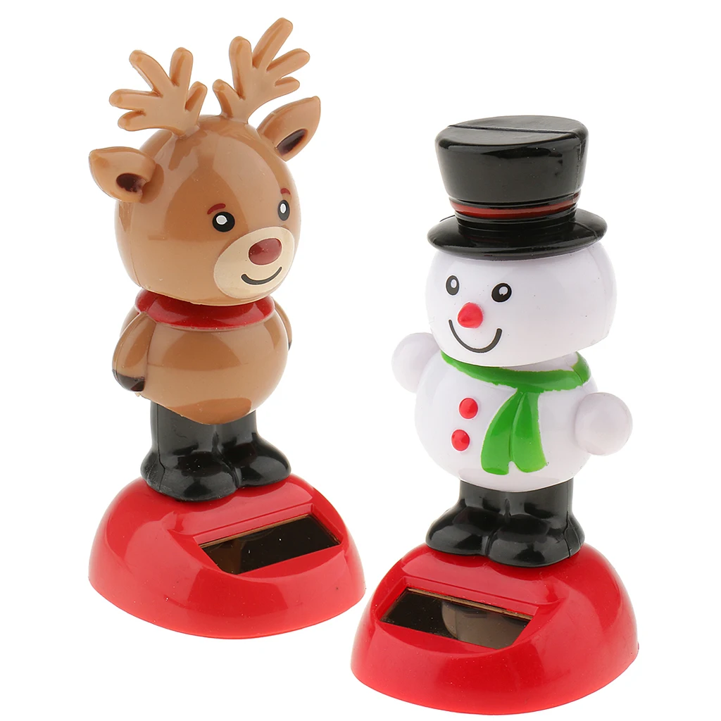2pcs Solar Power Snowman Elk Swinging Dancing Toy Decorative Figurine Home Car Dashboard Decor Xmas Gift 