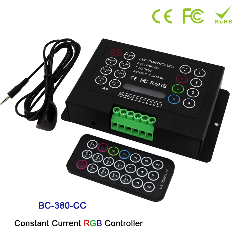 

Constant Current Programmable RGB Controller With IR wireless Remote DC12V-DC48V Input;350mA/CH*3 700mA/CH*3 Output for leds