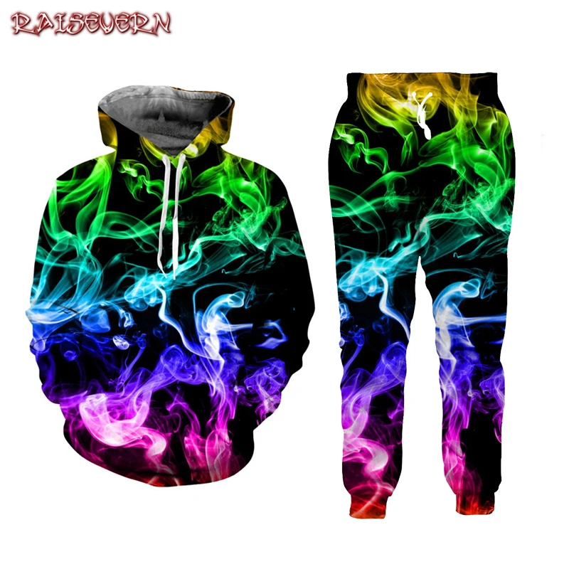 

RAISEVERN Hot Selling Women Casual Sportswear Colorful Smoke Print Hoodies long-sleeved Suit 3D Harajuku Femme Sportswear Sets
