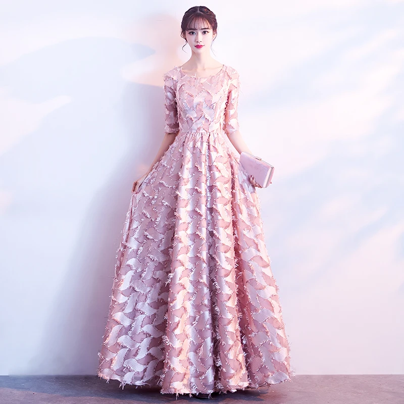

2019 Pink Long Evening Dresses Elegant O-Neck Half Sleeve Lace Party Long Prom Dresses LF326